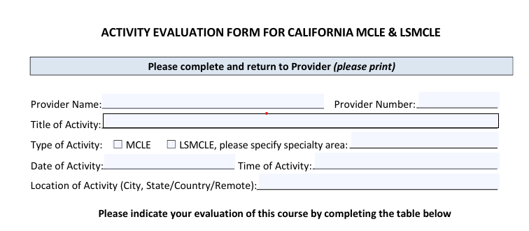 California State Bar MCLE Activity Evaluation Form for CLE accreditation